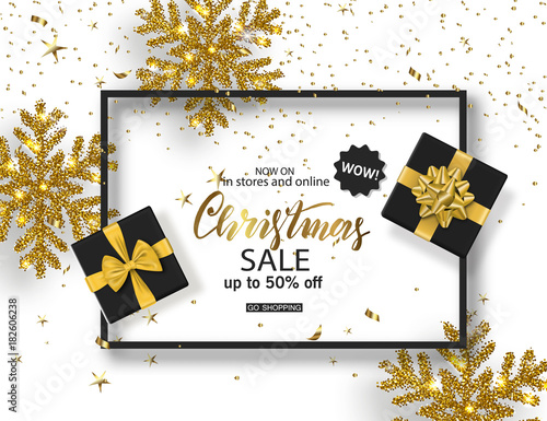 Christmas Sale poster with shiny snowflake, gift boxes and serpentine . Vector illustration. Design for invitation, banners, ads, coupons, promotional material