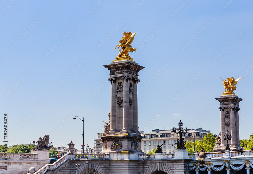 Fragment of the Alexander III Bridge across the Seine in Paris, France. View from the water