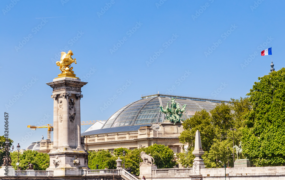 Fragment of the Alexander III Bridge across the Seine in Paris and Grand Palais, France. View from the water