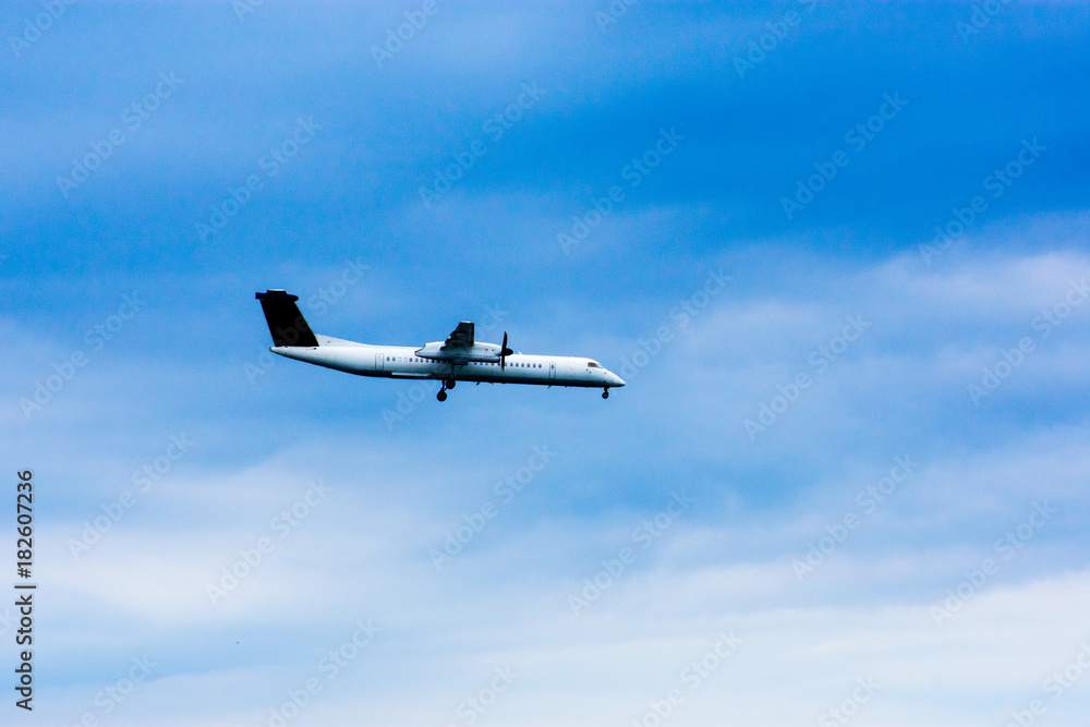 Fototapeta premium Airplane landing in blue sky background 
