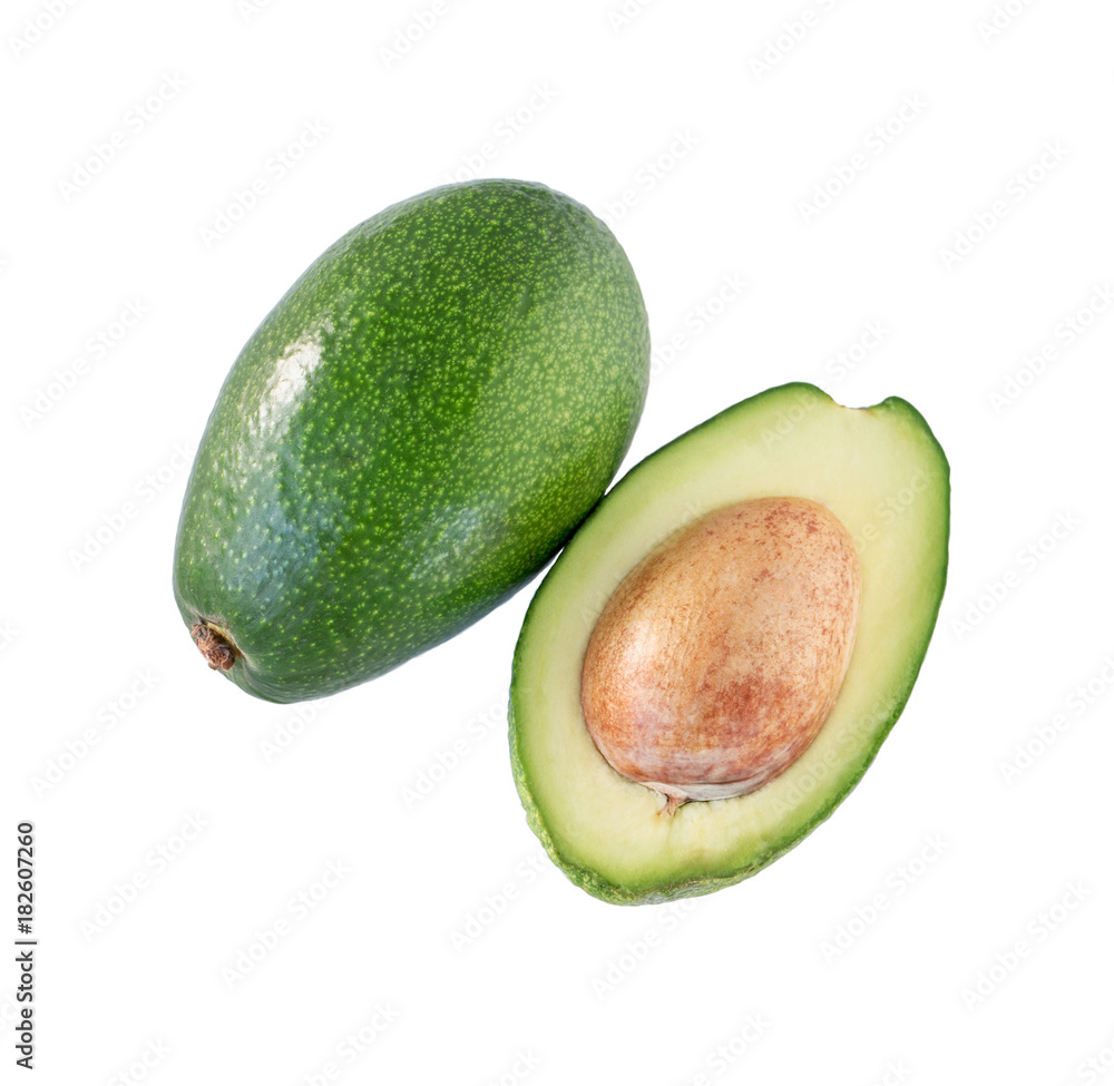 Avocado isolated on a white background. Whole and half fresh with core. Design element for product label. Avocado isolated on a white background. Whole and half fresh with core. Design element for product label.