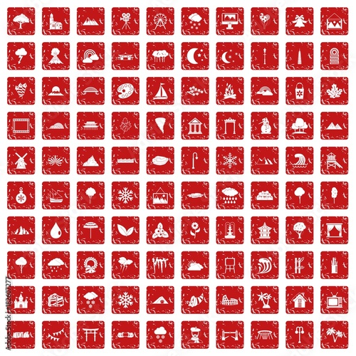100 scenery icons set grunge red