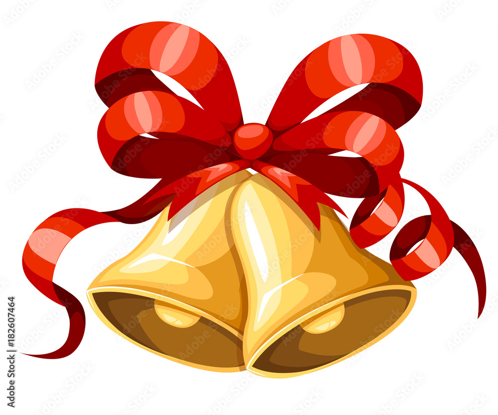 Golden Christmas bell with red ribbon and bow. Xmas decoration. Jingle bells icon. Vector illustration isolated on white background. Golden Christmas bell with red ribbon and bow. Xmas decoration. Jingle bells icon. Vector illustration isolated on white background.