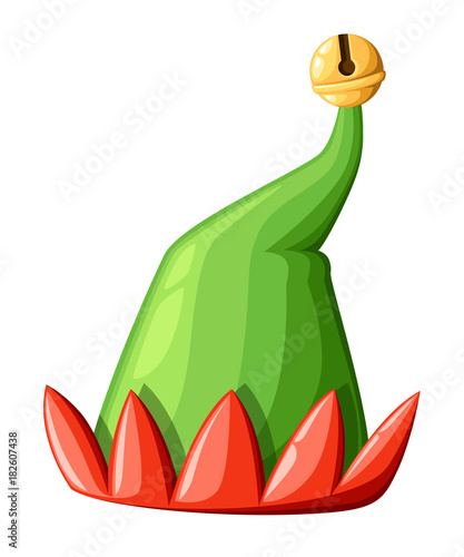 Red and green cartoon christmas elf hat with a bell. Vector illustration isolated on white background.