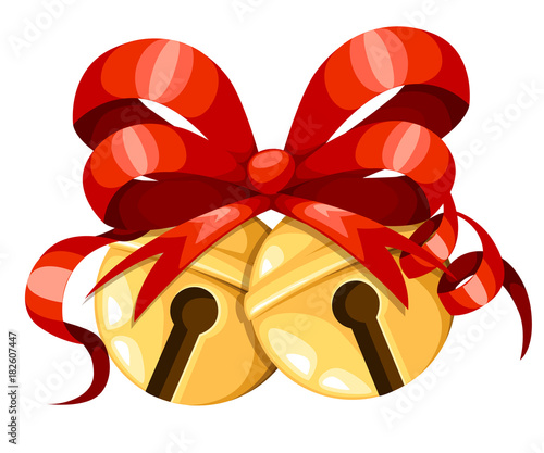 Golden Christmas bell balls with red ribbon and bow. Xmas decoration. Jingle bells icon. Vector illustration isolated on white background.