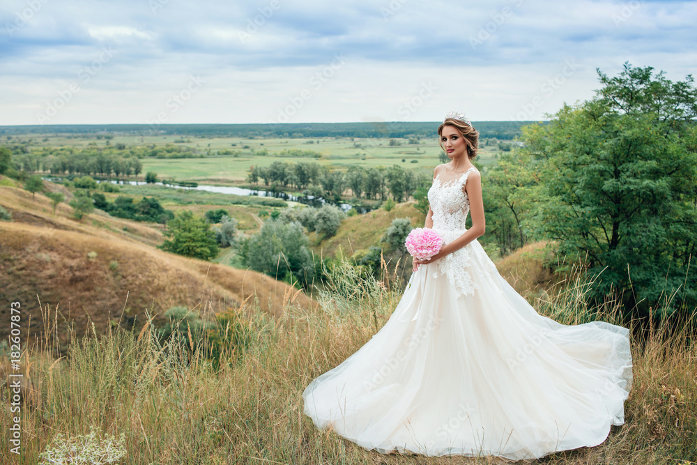 Beautiful young bride girl smiling, standing in wedding dress. Overlooking the beautiful green valley.