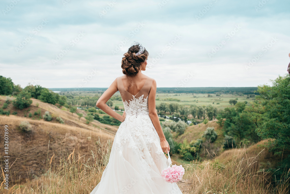 A young girl, the bride in a wedding dress, is turned her back and staring into the distance on the river and a beautiful landscape. Beauty wedding hairstyle. Bride. Beautiful hairstyle rear view.