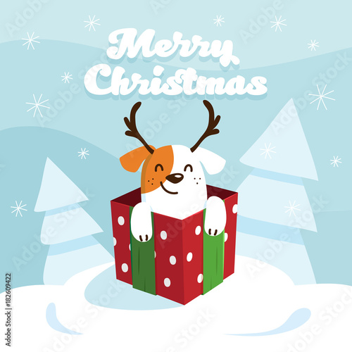 Merry Christmas and Happy New Year card with happy dog in the gift box. Vector illustration
