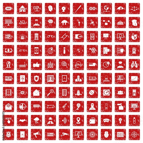 100 security icons set grunge red