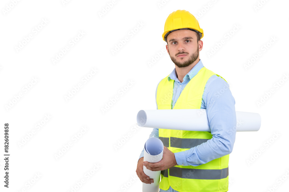 Young Engineer portrait holding blueprints isolated on white Young Engineer portrait holding blueprints isolated on white