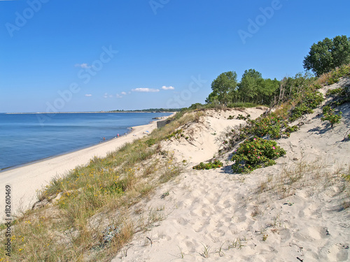 View of sandy dunes and coast of Vistula Spit. Kaliningrad region