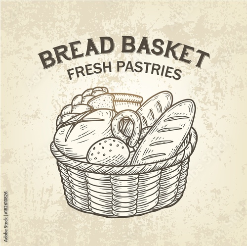 Composition of bread basket. Vector sketch of baking colllection, realistic, simple design. Bakery logo is good for advertisment of bakehouse, shop, natural products or recipe book design.