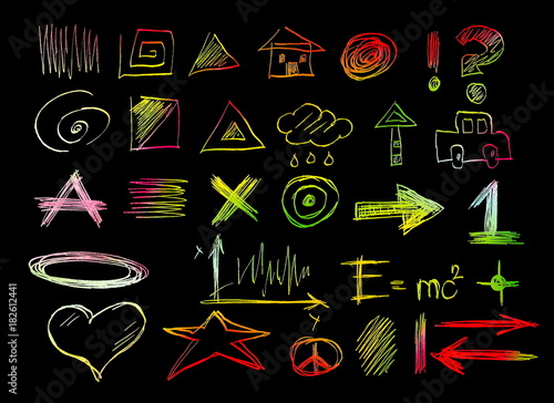 Set hand drawn, doodle shapes, symbol and sign, isolated on black