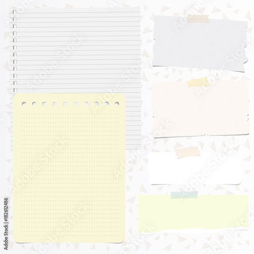 Set of notebook paper sheets and ripped pieces of notepaper with sticky tape on light background with triangles 