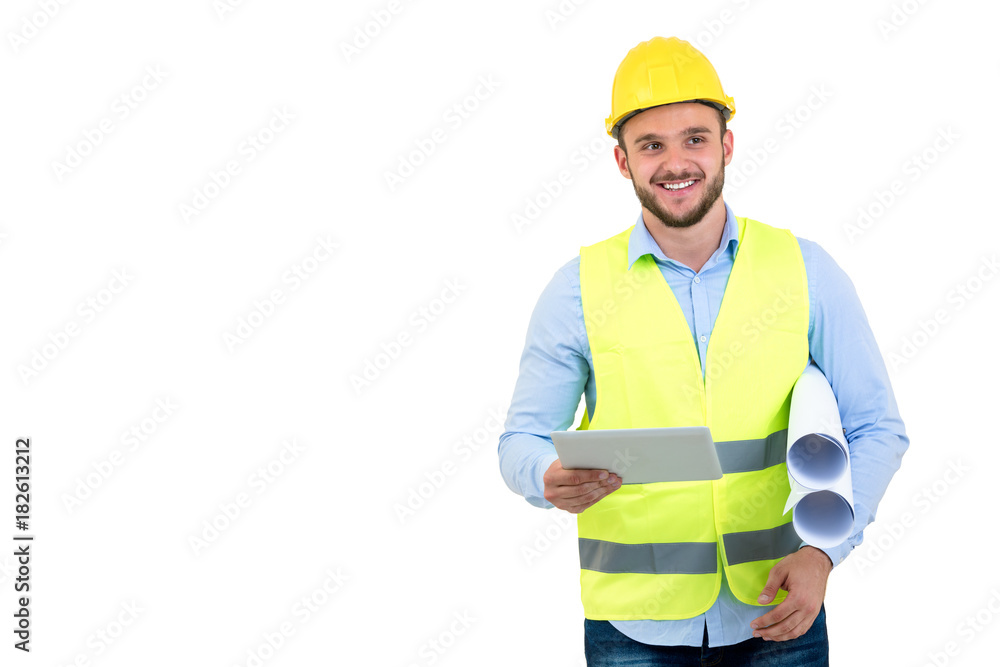 Handsome engineer working with a tablet pc, isolated on white Handsome engineer working with a tablet pc, isolated on white