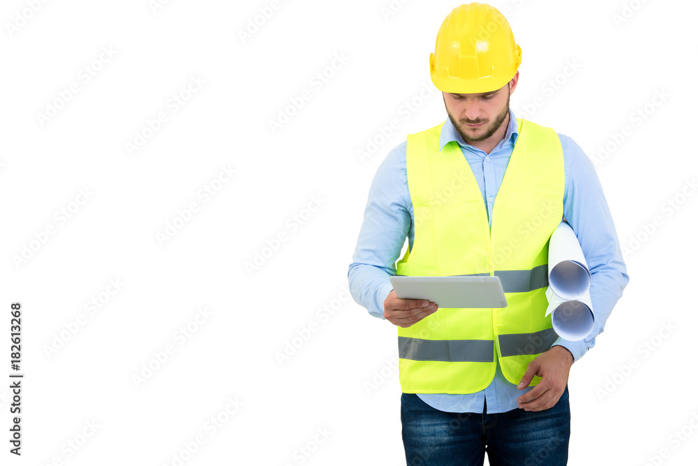 Handsome engineer working with a tablet pc, isolated on white Handsome engineer working with a tablet pc, isolated on white
