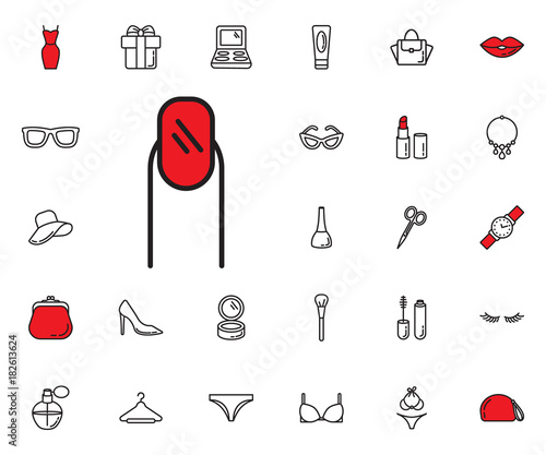 Long fingernail icon. Beauty, Cosmetic, Shopping and Makeup Vector Icons Set . Cosmetic products, makeup brushes, lipstick, perfume, eye makeup. Women accessories. Fashion icons photo