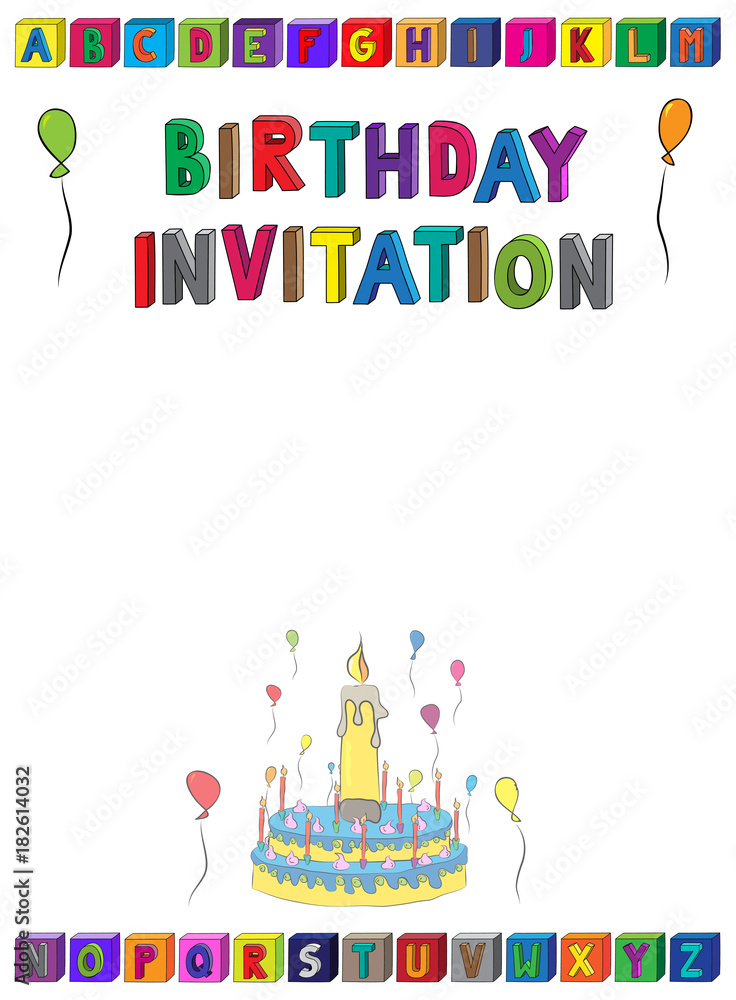 Birthday invitation lettering A4 page for kids with alphabet blocks ...