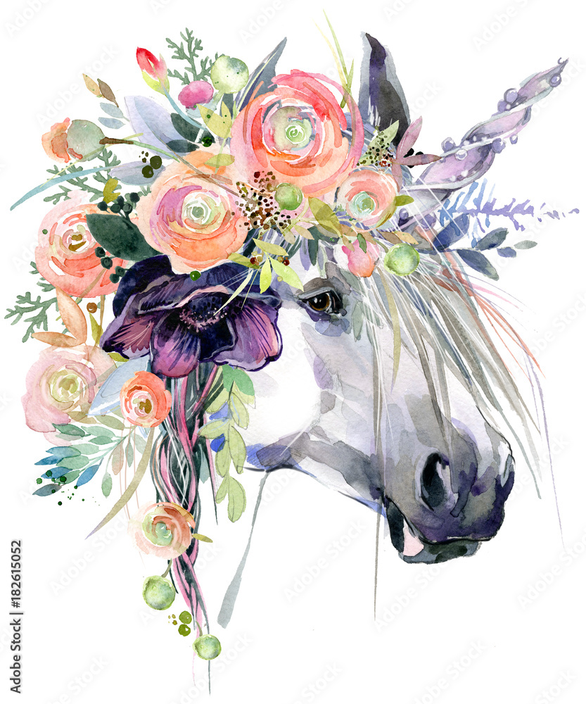 Naklejka Akwarela ilustracja jednorożca.