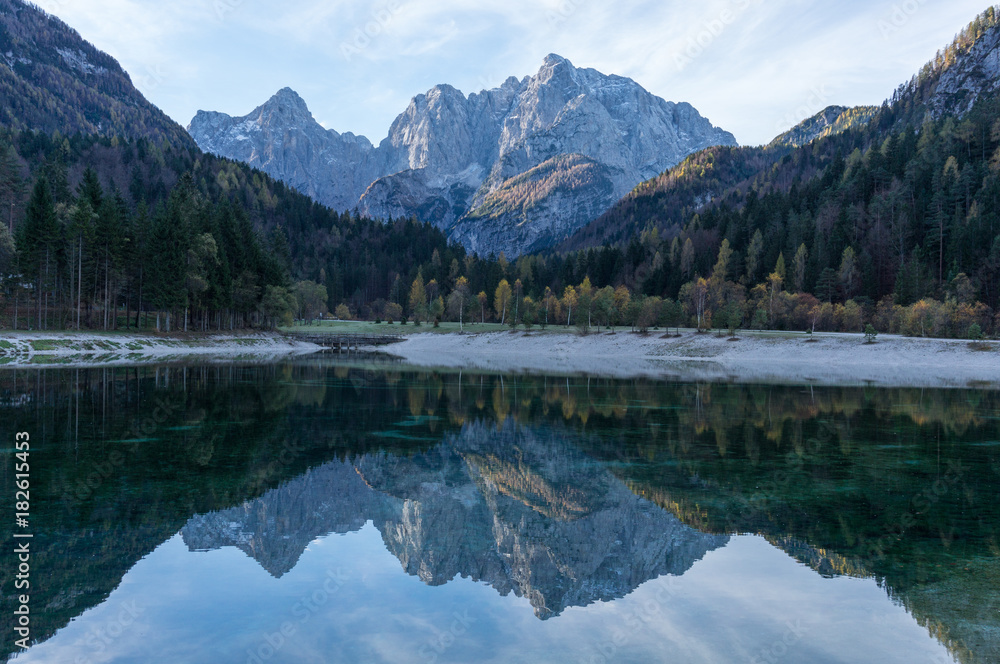 Wonderful shot of the Julian Alps reflecting into the Lake Jasna in Slovenia's Kranjska Gora region