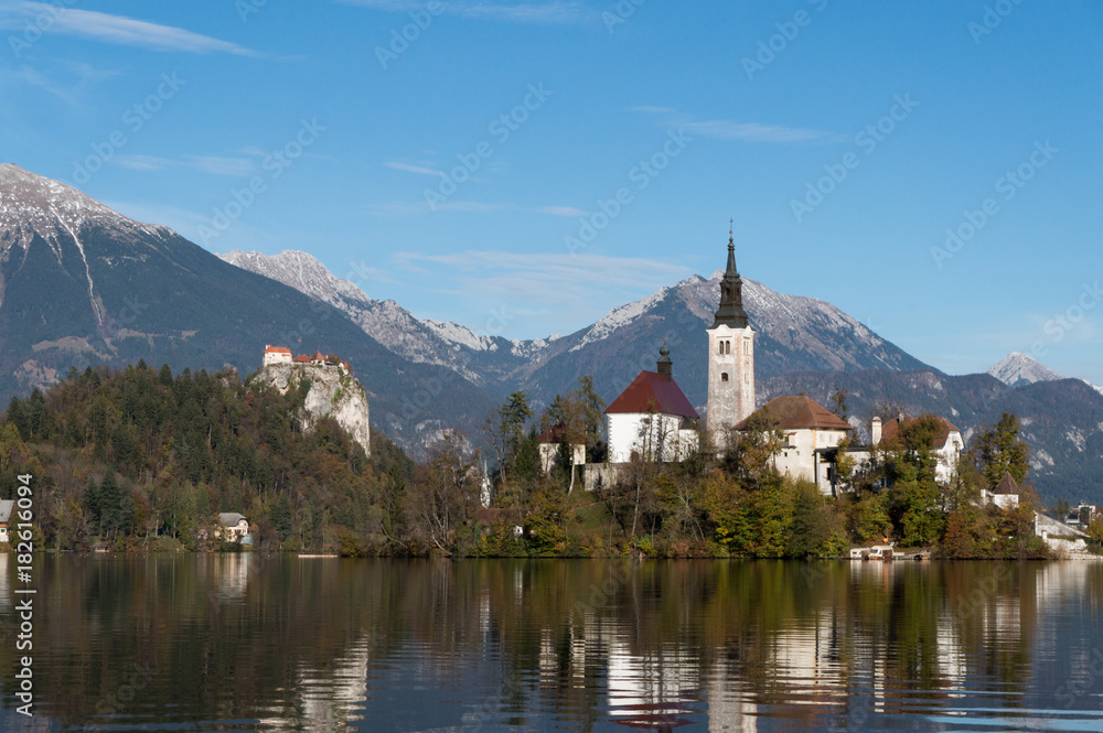 The most famous landmarks of Bled,Slovenia: its castle and church on Bled island