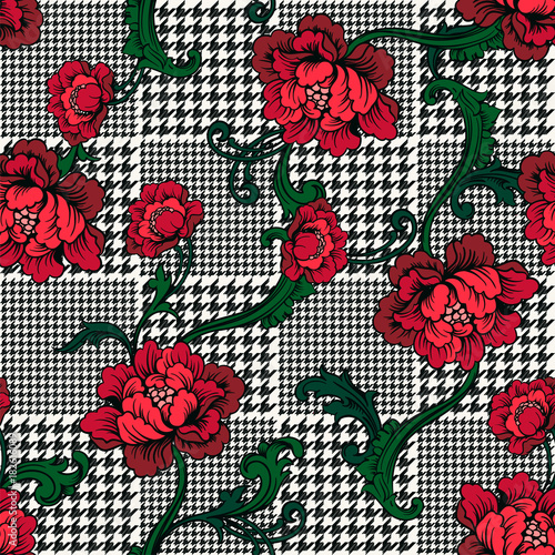 Fototapeta Naklejka Na Ścianę i Meble -  Eclectic fabric plaid seamless pattern with baroque ornament.