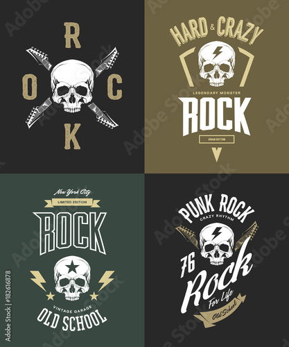 Vintage hard and punk rock vector t-shirt logo isolated on dark background. Premium quality skull logotype tee-shirt emblem illustration.
Street wear legendary music style retro tee print design set.