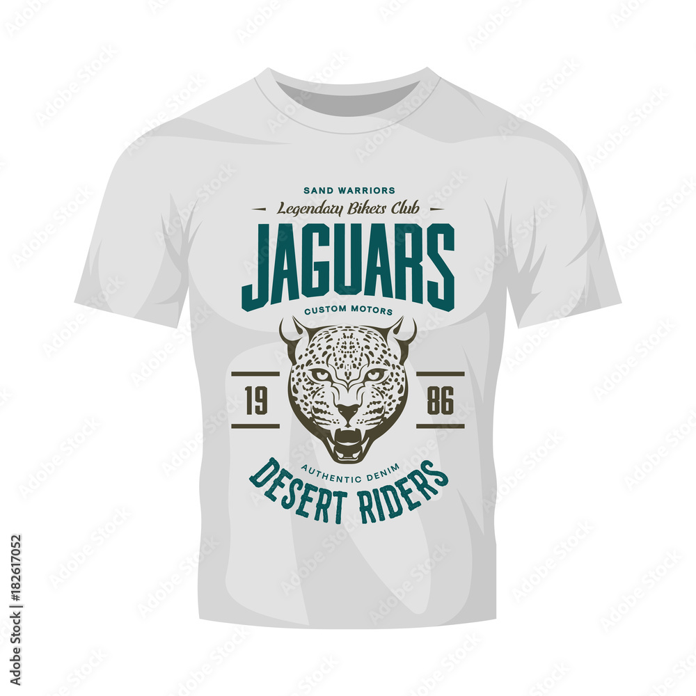 Vintage furious jaguar custom motors club vector logo on white t-shirt mock  up. Premium quality bikers band logotype tee-shirt emblem illustration.  Wild animal street wear retro tee print design. vector de Stock