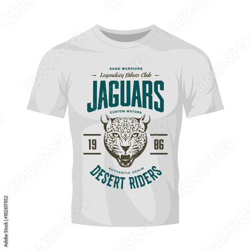 Vintage furious jaguar custom motors club vector logo on white t-shirt mock up.
Premium quality bikers band logotype tee-shirt emblem illustration. Wild animal street wear retro tee print design.