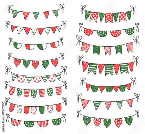 Cute vector doodle buntings in red and green colors for Christmas designs, invitations and greeting cards