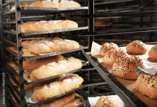 Bakery products on shelving, indoors