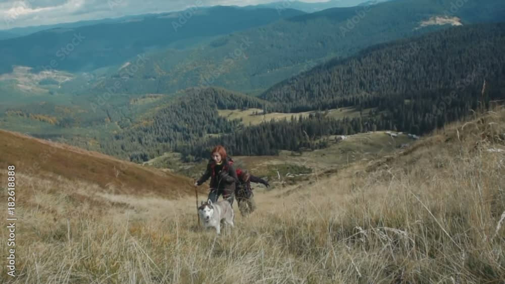 young couple hiking in mountains with siberian husky dog young couple hiking in mountains with siberian husky dog