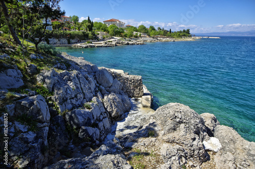 The rocky Adriatic coastline in Porat village. The island of Krk, Croatia