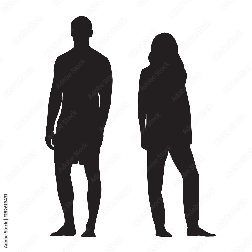 Standing man and woman, two young people vector silhouettes Stock