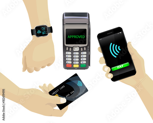Contactless payments set. POS terminal, smartphone, credit card, smartwatch. Hand holding device.