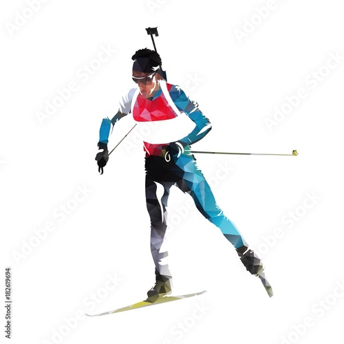Biathlon race, skiing man in colorful jersey. Isolated vector illustration