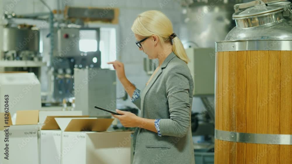 A woman with a tablet makes an inventory in the finished goods warehouse. Nearby there are boxes of wine and a large cistern A woman with a tablet makes an inventory in the finished goods warehouse. Nearby there are boxes of wine and a large cistern