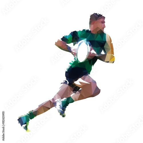 Running rugby player with ball, abstract low poly isolated vector illustration