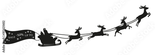 Santa Claus flying with deer and sale banner