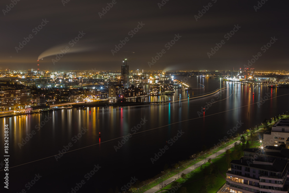 Amsterdam harbor panorama by night