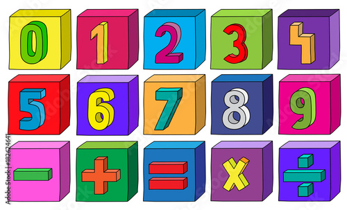 Colorful numbers from 1 to 9 with mathematical operations on blocks