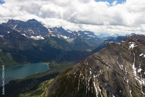 Aerial View of Glacier National Park mountains and lakes