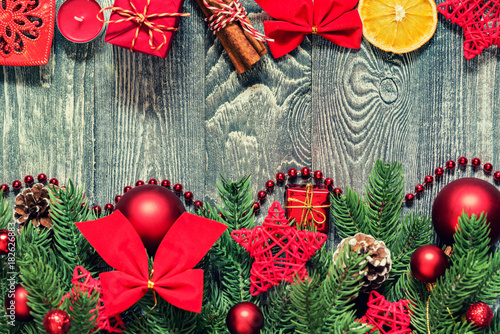 Christmas background on black white wooden board