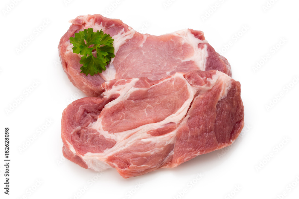 Meat pork slices isolated on the white background. Meat pork slices isolated on the white background.