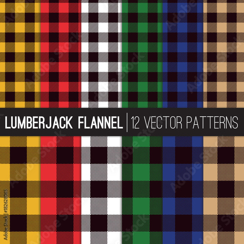 Lumberjack Buffalo Check Plaid Vector Patterns in 6 Classic Men's Flannel Shirt Colors. Trendy Hipster Style Backgrounds. Pattern Tile Swatches Included.