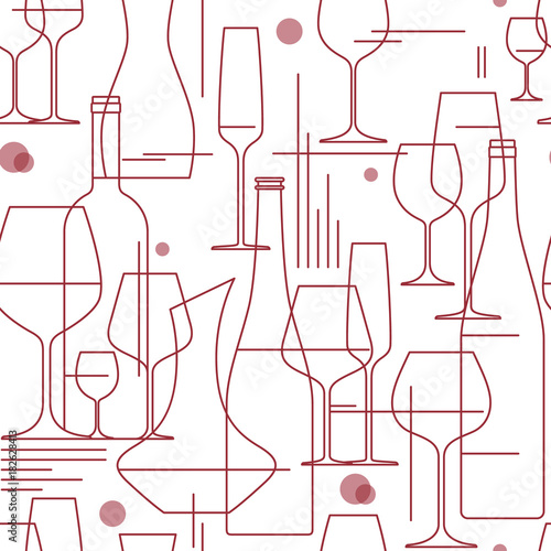 Seamless background with wine glasses and bottles. Design element for tasting, menu, wine list, winery, shop. Line style. Vector illustration. © Iana