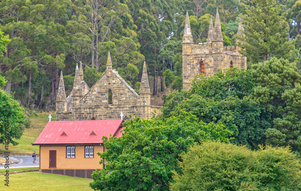 The ruin of the Convict Church, which was never officially consecrated, and St David’s Anglican Church at the Port Arthur Historic Site - Tasmania, Australia