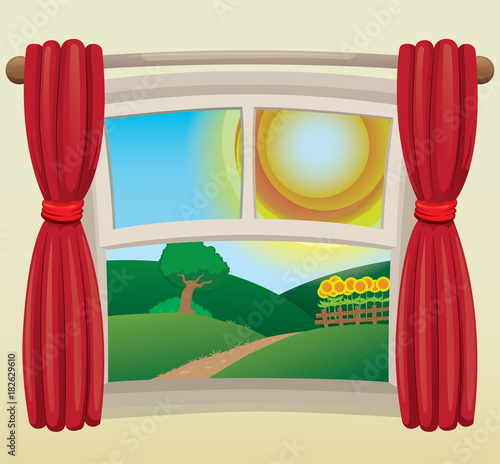 Illustration of an environment  open window showing countryside landscape. Ideal for catalogs  information and institutional material