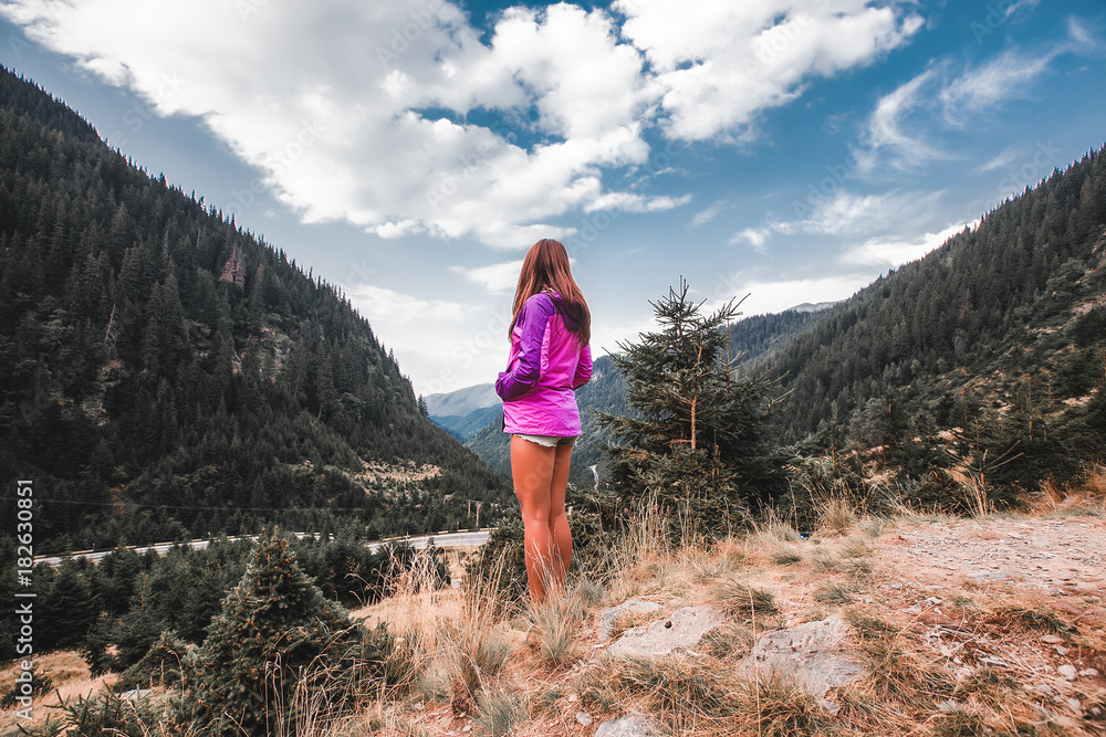 Outdoor close up portrait stylish hipster girl behind amazing mountains  landscapes,girl in sportswear, sexy model, girl hiking Stock Photo | Adobe  Stock