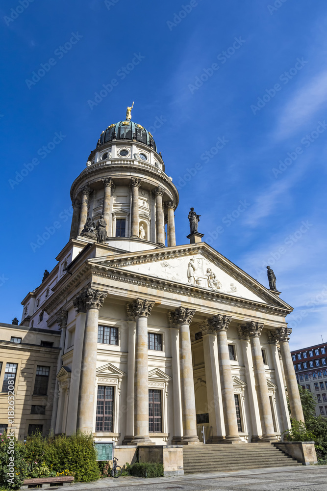 Exterior view of Franzosische Dom (German for French Church) at Gendarmenmarkt square in Mitte district in Berlin, Germany